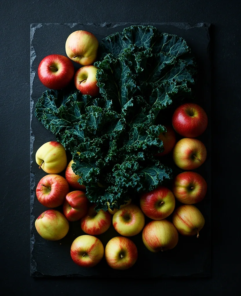 Fresh Bramley apples and kale